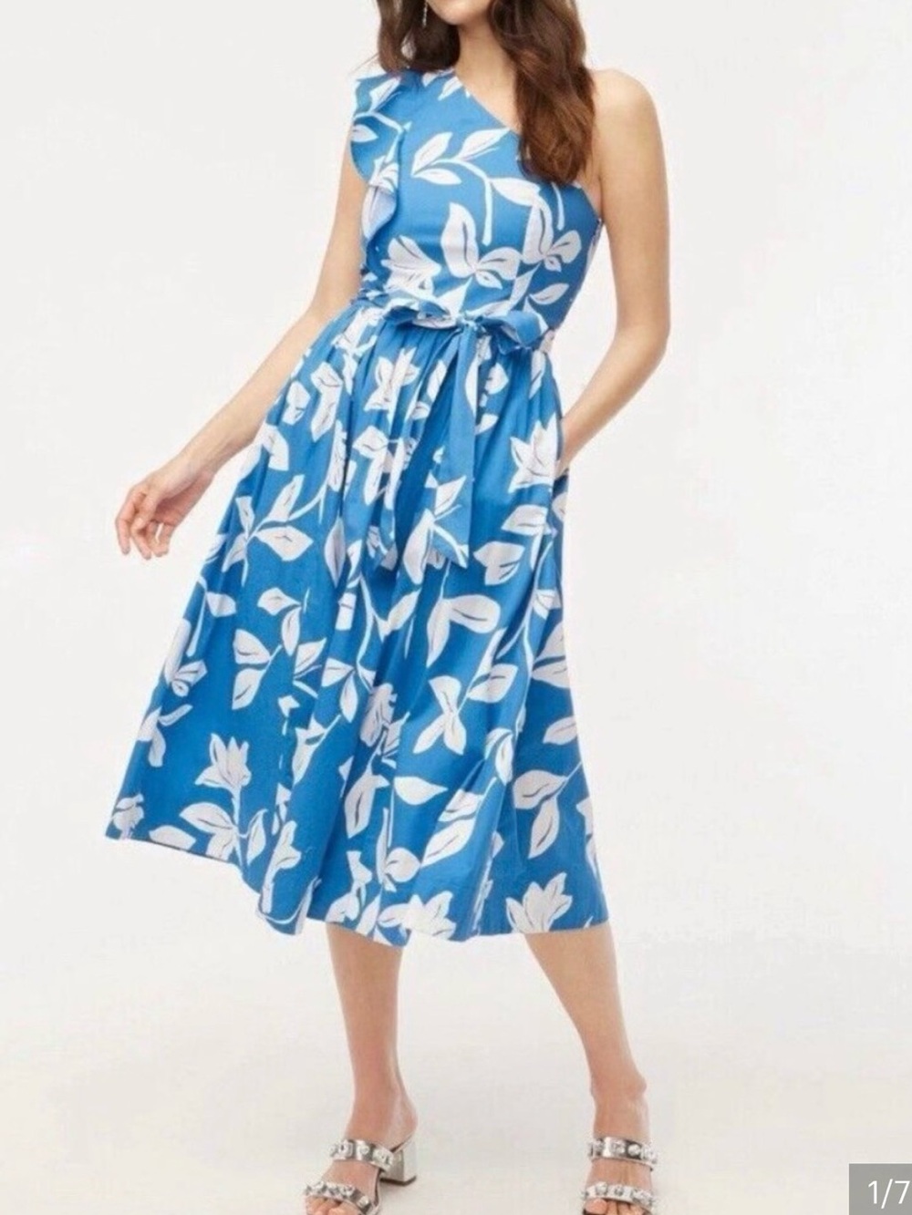 J. Crew One-Shoulder Blue and White Floral Midi Dress